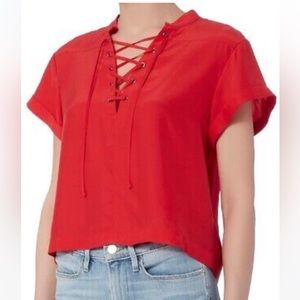 Frame Red Silk Lace Neck Short sleeve top, size L